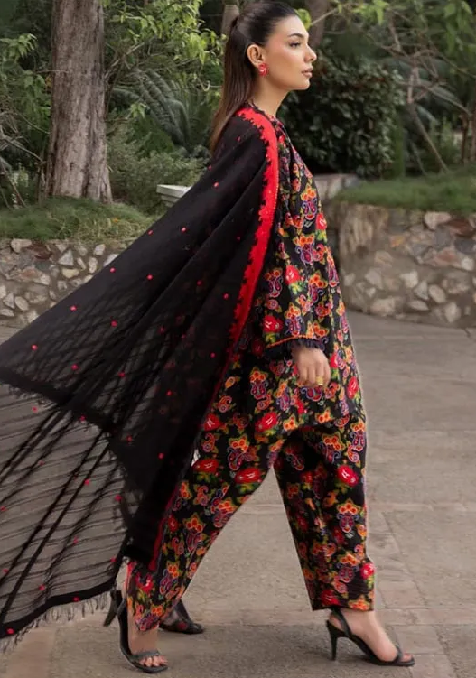 G-116 Gul Ahmed 3 Piece Unstitched Printed Embroidered Khaddar Shirt With Embroidered Stripe Khaddar Dupatta K-52010