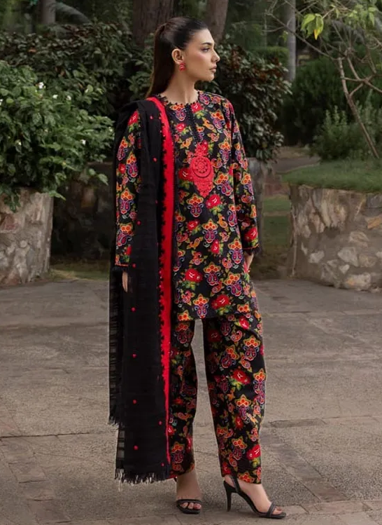 G-116 Gul Ahmed 3 Piece Unstitched Printed Embroidered Khaddar Shirt With Embroidered Stripe Khaddar Dupatta K-52010
