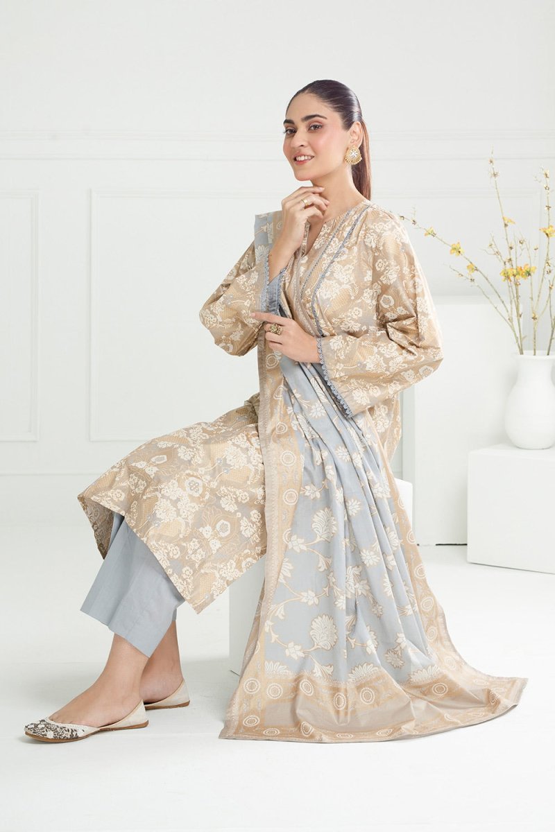 R-121Gul Ahmed Ready to Wear 3PC Lawn Gold And Lacquer Printed Suit IUSTKSD-464