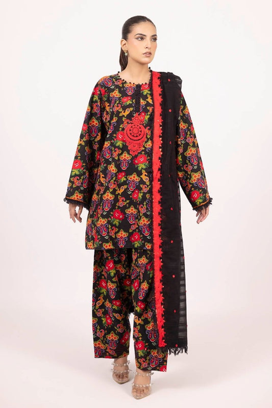 G-116 Gul Ahmed 3 Piece Unstitched Printed Embroidered Khaddar Shirt With Embroidered Stripe Khaddar Dupatta K-52010