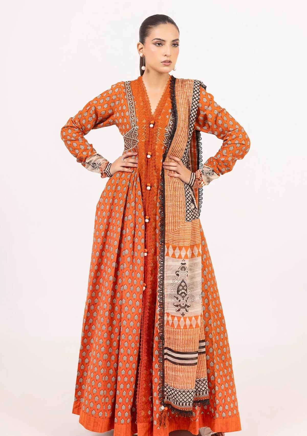 G-107 Gul Ahmed 3 Piece Unstitched Printed Embroidered Khaddar Shirt With Printed Stripe Khaddar Dupatta K-52019