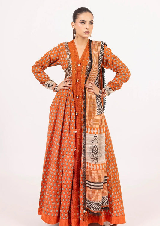 G-107 Gul Ahmed 3 Piece Unstitched Printed Embroidered Khaddar Shirt With Printed Stripe Khaddar Dupatta K-52019
