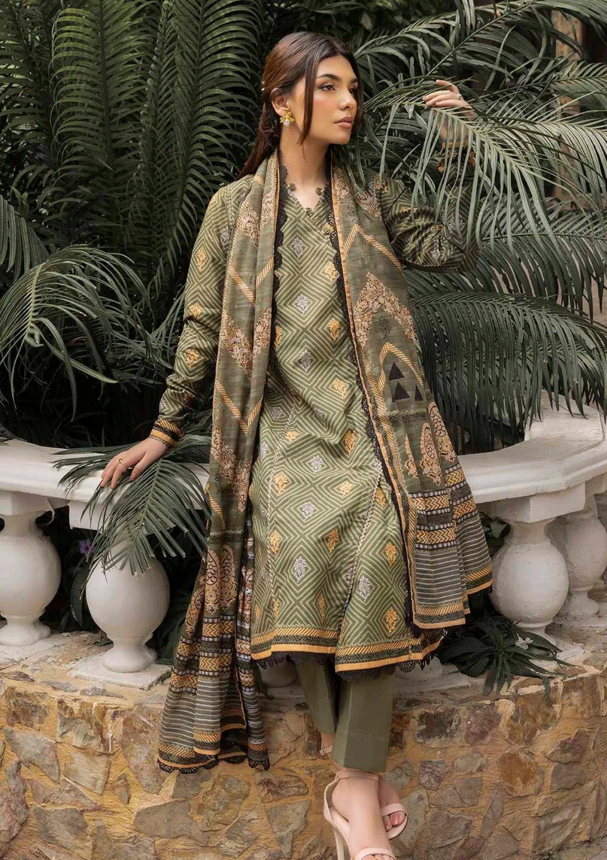 G-113 Gul Ahmed 3 Piece Unstitched Printed Stripe Khaddar Suit K-52081