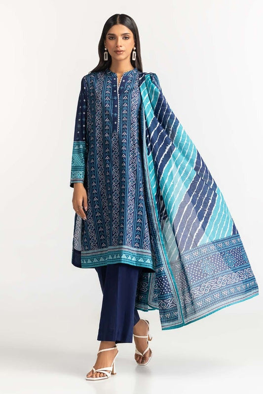 Gul Ahmed 03 Piece Stitched Printed Lawn Shirt Dupatta Dyed Trouser KJP-43183